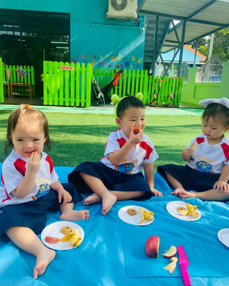 Three Shaws toddlers sitting on a picnic mat outdoors eating fresh fruit